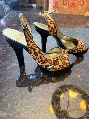 GUESS Leopard-Print Slingback Platform Heels - Black & Brown